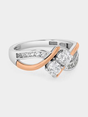 Rose Gold & Sterling Silver Moissanite Two-Stone Tension Ring