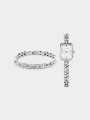 Tempo Silver Plated Rectangle Bracelet Watch & Bracelet Set