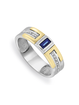 Yellow Gold & Sterling Silver Created Sapphire Men's Wedding Band