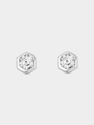 Sterling Silver Cubic Zirconia Hexagon Bezel Stud Earrings