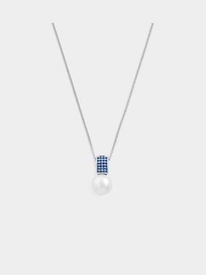 Sterling Silver Blue Cubic Zirconia Freshwater Pearl Pendant