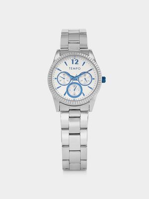Tempo Women's Silver Plated Blue Multifunction Dial Bracelet Watch