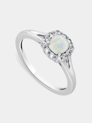 Sterling Silver Diamond & Created Opal Women’s Cushion Halo Ring