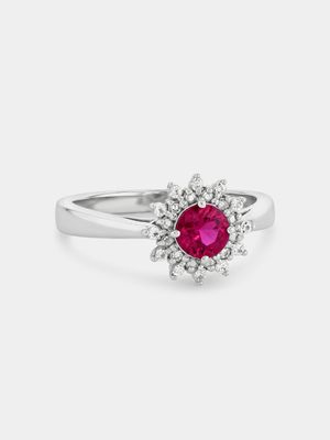 Sterling Silver Diamond & Created Ruby Starburst Ring
