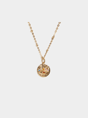 18ct Gold Plated Ball Station Chain with Multi-Colour Evil Eye Pendant