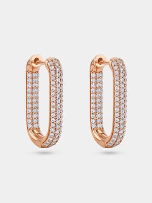 Rose Gold Plated Cubic Zirconia Women’s Long Oval Hoop Drop Earrings
