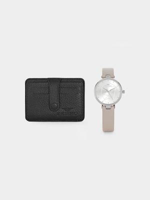 Ferro Women’s Silver Plated Grey Leather Watch & Wallet Set