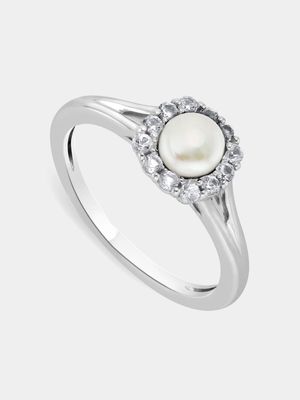Sterling Silver Diamond & Freshwater Pearl Cushion Halo Ring