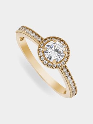 Yellow Gold, Cubic Zirconia Vintage Round-Cut Halo Ring