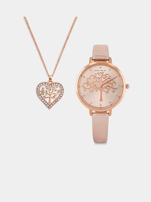 Minx Women’s Rose Plated Light Brown Faux Leather Watch & Tree Of Life Pendant Set