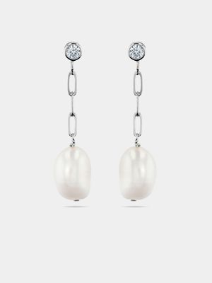Sterling Silver Cubic Zirconia & Freshwater Pearl Women’s Drop Earrings
