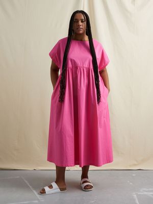 Women's Canvas Babydoll Trapeze Midi Dress Pink
