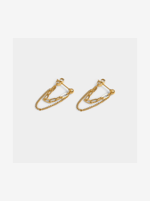 Stainless Steel 18ct Gold Plated Waterproof Studs with Double chain Detail