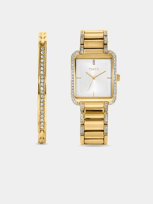 Tempo Ladies Gold & Silver Plated Crystal Bracelet Watch Set