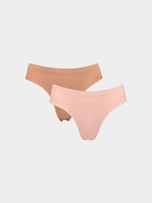 Women's Nude & Pink 2-Pack Seamless Ribbed Thongs