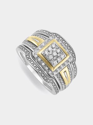 Yellow Gold & Sterling Silver Diamond & Created White Sapphire Women's Square Triple Set Ring