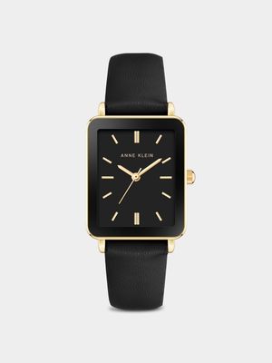 Anne Klein Gold Plated & Synthetic Black Leather Rectangular Watch