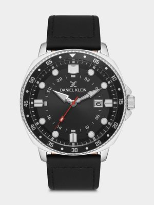 Daniel Klein Silver Plated Black Dial Black Leather Watch