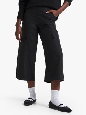 Women's Black Taslon Cargo  Culotte Pants
