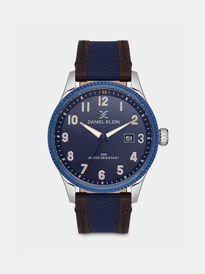 Daniel Klein Silver Plated Blue Dial Blue & Brown Leather Watch