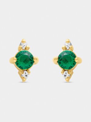 18ct Gold Plated Green Centre CZ with Mini Side Stone Detail Studs