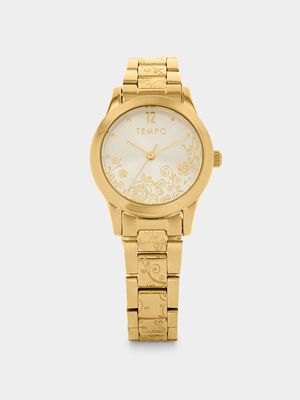 Tempo Women’s Gold Plated Flower Design Bracelet Watch