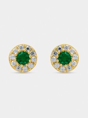 18ct Gold Plated Green CZ with White CZ Halo Stud Earrings