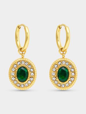 Gold Tone Stainless Steel Removable Oval Green Accent with CZ Halo Detail Hoops
