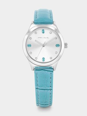 Minx Silver Plated Silver Dial Light Blue Faux Leather Watch