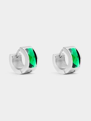 Stainless Steel Green Accent Huggies