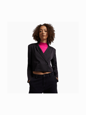 Women's Black Striped Cropped Boxy Blazer