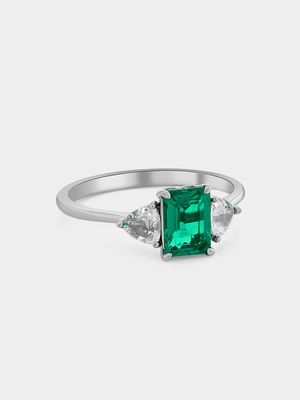 White Gold Lab Grown Emerald & Moissanite Women’s Pear Trilogy Ring