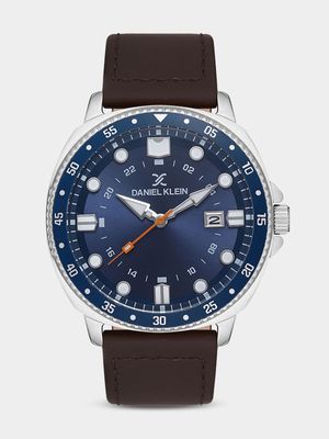 Daniel Klein Silver Plated Blue Dial Brown Leather Watch