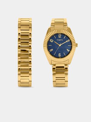 Tempo Men’s Gold Plated Blue Dial Bracelet Watch Set