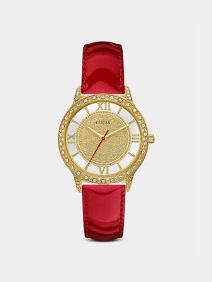Guess Women’s Ethereal Gold Plated Stainless Steel Red Patent Leather Watch
