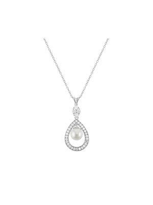 Cheté Sterling Silver Freshwater Pearl & Cubic Zirconia Pear Halo Pendant