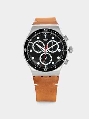 Swatch Disordely Stainless Steel & Tan Leather Chronograph Watch
