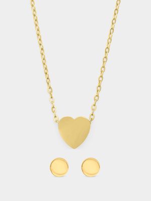 Gold Tone Stainless Steel Heart Pendant & Flat Round Stud Set