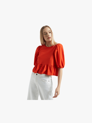 Women's Red Boxy with Puff Sleeve Detail Top