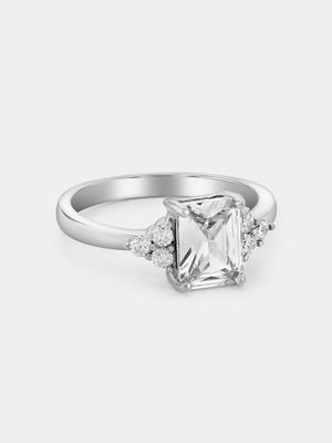 Sterling Silver Cubic Zirconia Emerald-Cut Trio Accent Ring