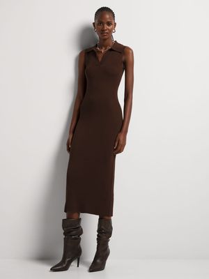 Ribbed Knit Collared Column Dress