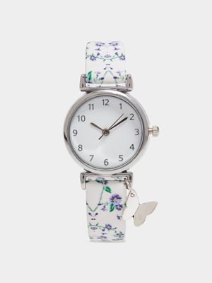 Girl's White Floral Print Charm Watch