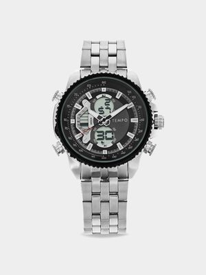 Tempo Men's Black & Silver Plated Ana-Digi Watch