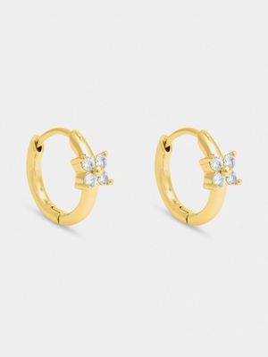 18ct Gold Plated Hoops with Flower CZ Detail