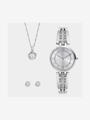 Women's Silver Diamante Watch, Necklace & Earring Set