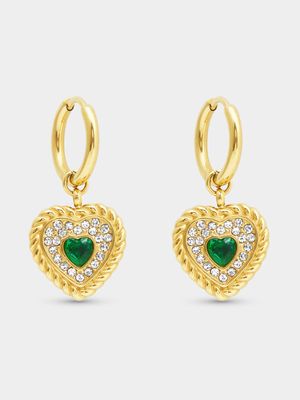 Gold Tone Stainless Steel Removable Green Accent Heart Charm Hoops