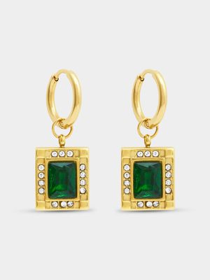Gold Tone Stainless Steel Removable Square Green Accent Charm Hoops