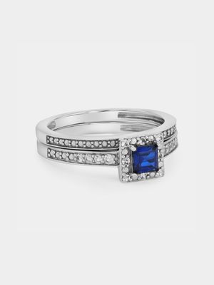 Sterling Silver Diamond & Created Blue Sapphire Cushion Halo Twinset Ring