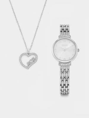 Tempo Silver Plated Bracelet Watch & MOM Heart Pendant Gift Set