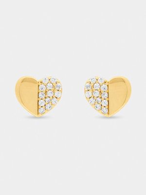 18ct Gold Plated Half CZ Heart Stud Earrings
